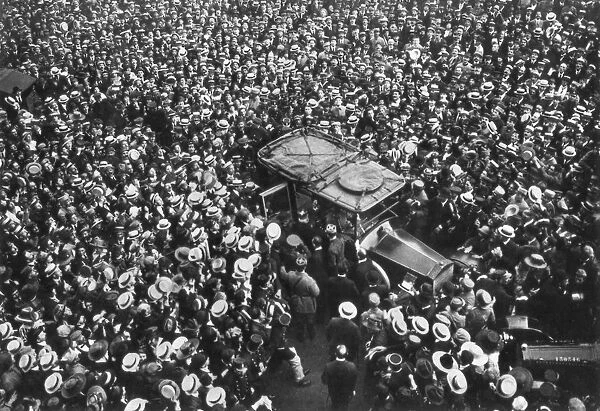 French crowds cheering Pershing and Joffre, Hotel Crillon, Paris, First World War, 1917