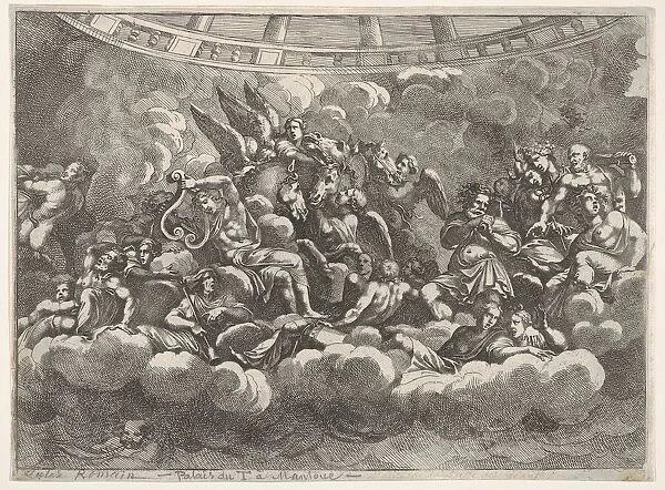 Gathering of various Olympian gods and mythological figures among clouds, Apollo at ce