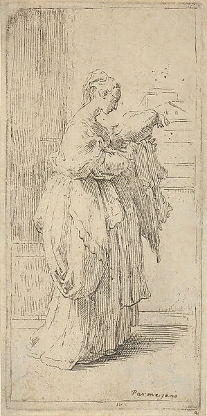 Girl carrying a cushion, seen in profile facing right, 1590-1690. Creator: Guido Reni