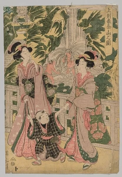 Two Girls and Child on Temple Bridge, 1787-1867. Creator: Kikugawa Eizan (Japanese, 1787-1867)