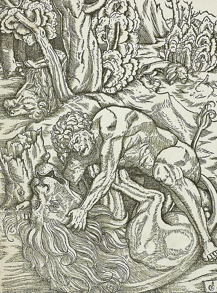 Hercules Strangling the Nemean Lion, from the Labors of Hercules, c. 1528. Creator: Gabriel Salmon
