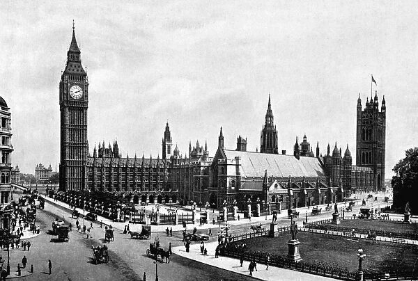 The Houses of Parliament and Westminster Hall seen from Parliament Square, London, c1905. Artist: London Stereoscopic & Photographic Co