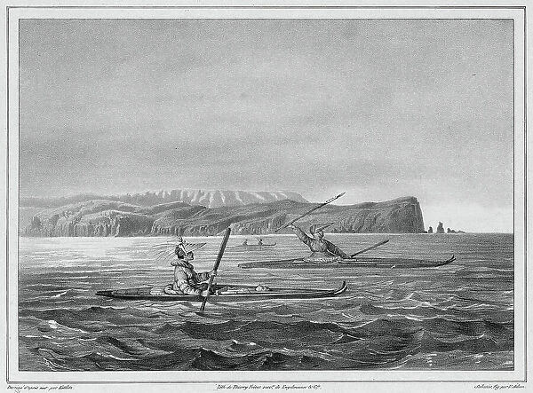 Inhabitants of Ounalacheka with their canoes (Aleutian Islands), 19th century. Creators: Friedrich Heinrich Kittlitz, Victor Adam, Godefroy Engelmann, Leon Jean-Baptiste Sabatier