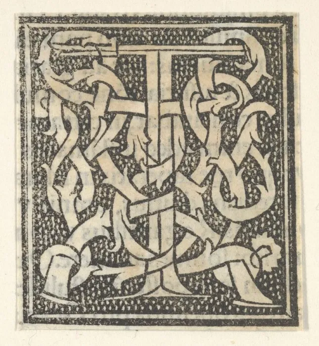 Framed Print : Print of Initial Letter T on Patterned Background, 1520 Framed Print : Print of Initial Letter T on Patterned Background, 1520