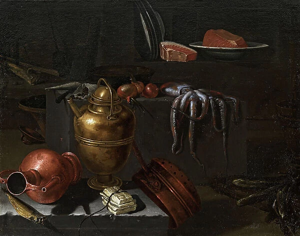 Kitchen interior with copper dishes, octopus and onions on a stone ledge, 1670s. Creator: Recco, Giuseppe (1634-1695)