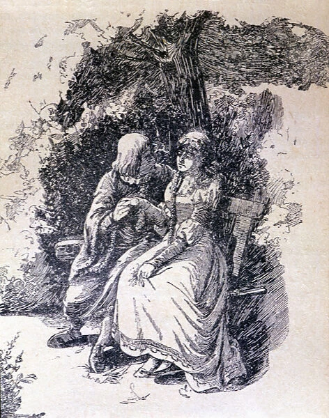 La Celestina, 1883, engraving with Calixto and Melibea under the tree