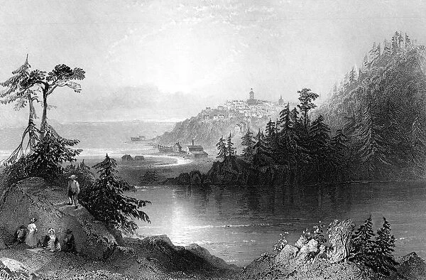 Lily Lake, with the town of St John on an outcrop beyond, Canada, 19th century. Artist: R Brandard