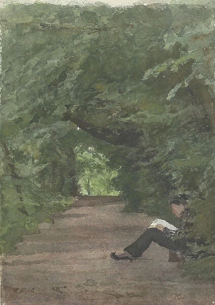 Man reading in forest avenue, 1874-1925. Creator: Jan Veth