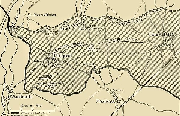 Map showing approximately the area gained on the Thiepval Ridge... 1916, (c1920)