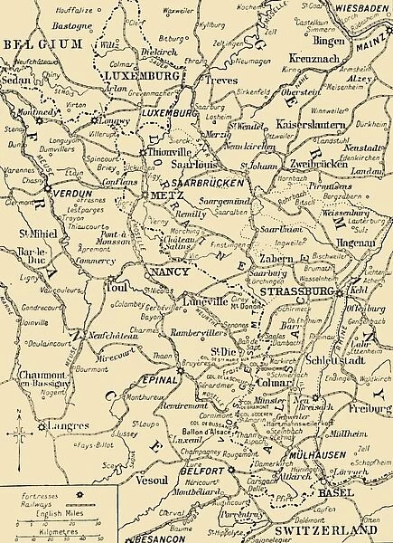Map showing the border between France and Germany, First World War, c1915, (c1920)