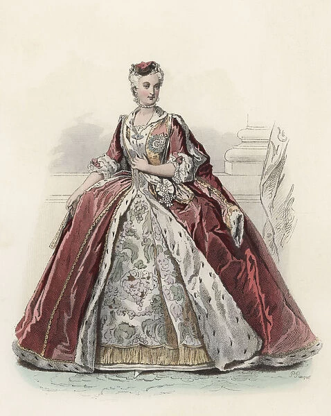 Maria Jose, Queen of Poland, in the 18th century, color engraving 1870
