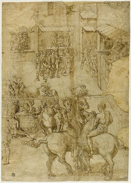 Mythological Pageant (recto); Illegible Inscriptions and Anatomical Studies of...(verso), 1528 / 29. Creator: Girolamo Genga