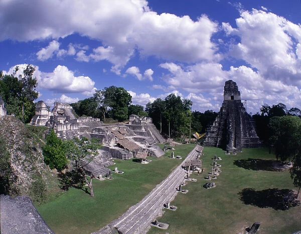 Overview of the Mayan ruins with the Great Plaza and Temple I