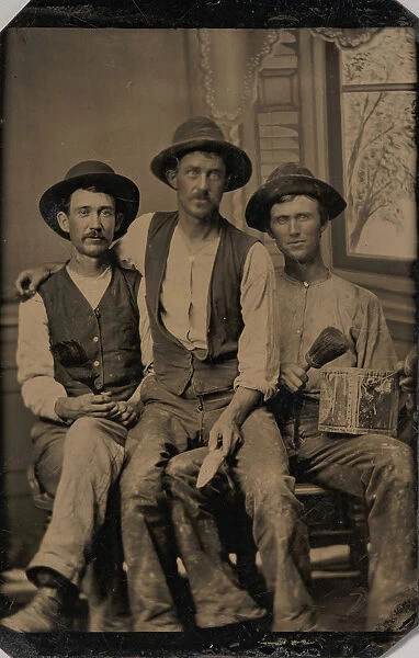 Three Painters, with Brushes and a Can of Paint, in Front of a Painted Window Backdrop