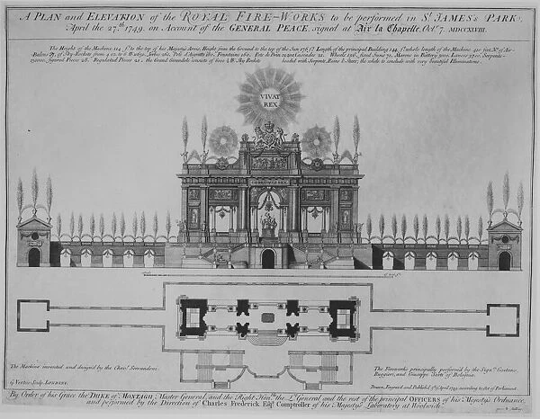 Peace of Aix-la-Chapelle: A Plan and Elevation of the Royal Fire-Works, London, 1749, ... ca. 1749. Creator: George Vertue