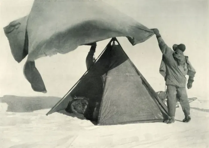 Framed Print : Print of Pitching the Double Tent on the Summit, c1911 Framed Print : Print of Pitching the Double Tent on the Summit, c1911