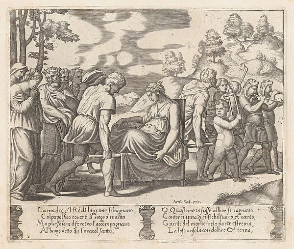 Plate 5: Psyche, seated, being taken to a mountain with a musical troupe lead the way, ... 1530-60. Creator: Master of the Die