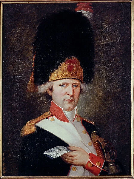 Portrait of a grenadier holding a ticket in his hand, c1791. Creator: E Lussigny
