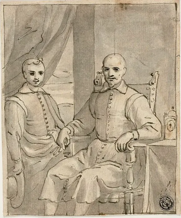 Framed Print : Print of a Seated Ecclesiastic and Boy, c.1610 Framed Print : Print of a Seated Ecclesiastic and Boy, c.1610