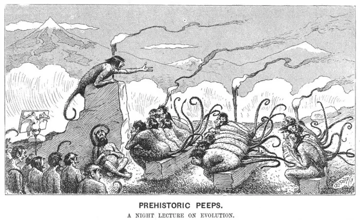 Framed Print : Prehistoric Peeps: A Night Lecture on Evolution, 1894 Print Framed Print : Prehistoric Peeps: A Night Lecture on Evolution, 1894 Print