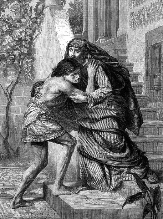 Framed Print : A young man turns away from his father, their faces filled with emotion