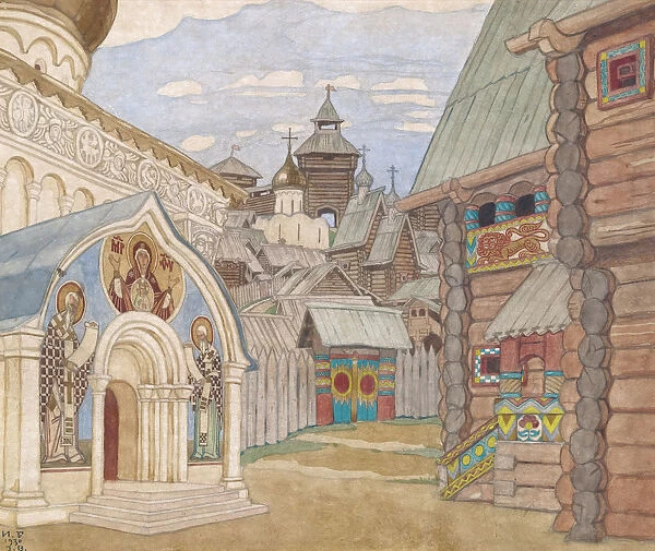 Russian Village. Stage design for the opera The Tale of Tsar Saltan by N. Rimsky-Korsakov. Artist: Bilibin, Ivan Yakovlevich (1876-1942)