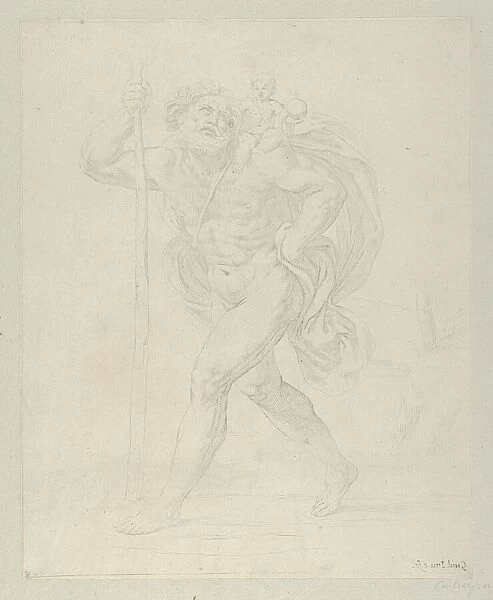 Saint Christopher walking with the infant Christ on his left shoulder, counterpro... ca