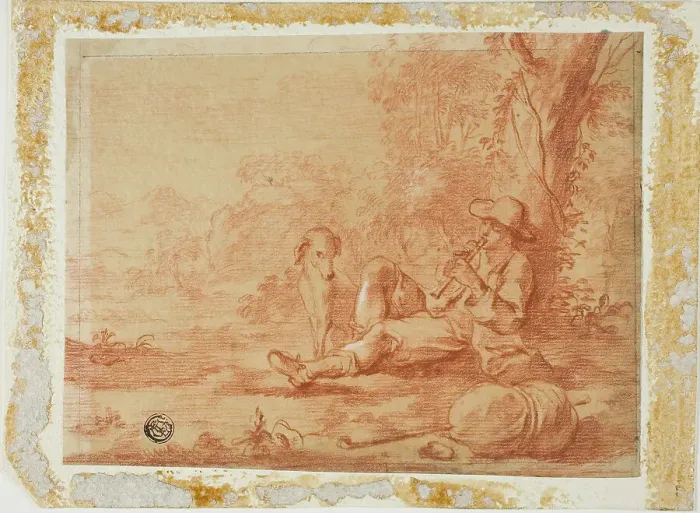 Framed Print : Seated Shepherd Pipe Player Print