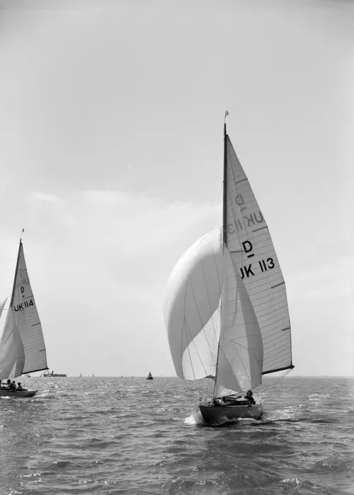 Framed Print : Dragon Class Sloop with Spinnaker Print, c1938 Framed Print : Dragon Class Sloop with Spinnaker Print, c1938