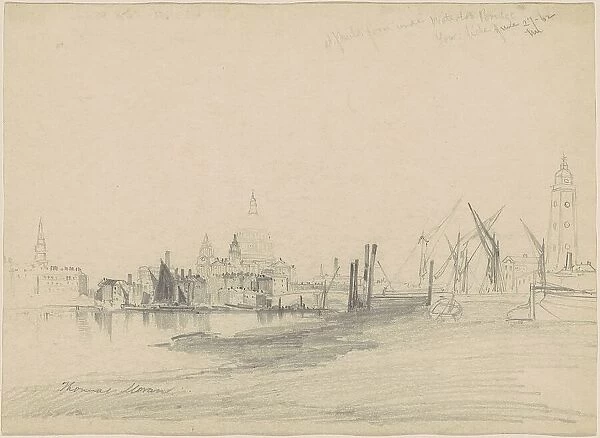 St. Paul's from Under Waterloo Bridge, Low Tide, 1862. Creator: Thomas Moran