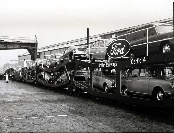 Train carrying cars of the Ford trademark, 1950