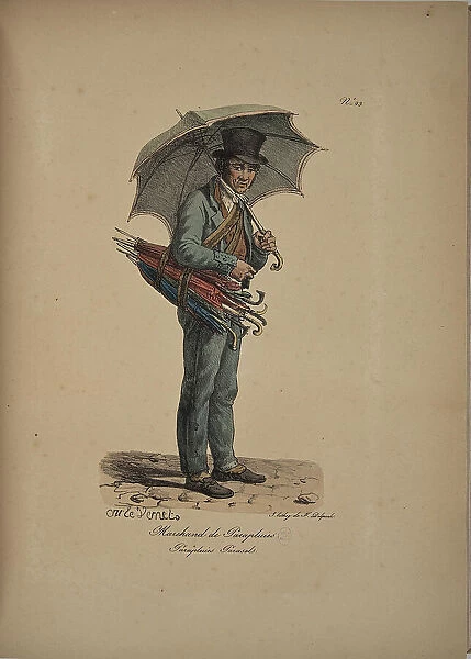 Umbrella seller. From the Series 'Cris de Paris' (The Cries of Paris), 1815. Creator: Vernet, Carle (1758-1836). Umbrella seller. From the Series 'Cris de Paris' (The Cries of Paris), 1815. Creator: Vernet, Carle (1758-1836)