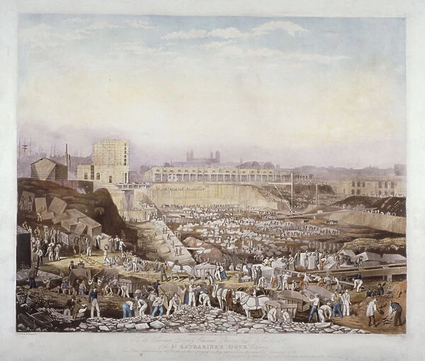 View of construction work at St Katherines Dock, Stepney, London, January, 1828