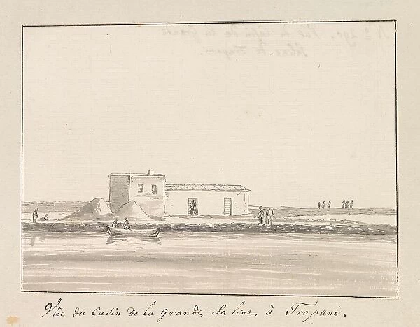 View of salt shack at large salt pan in Trapani, 1778. Creator: Louis Ducros