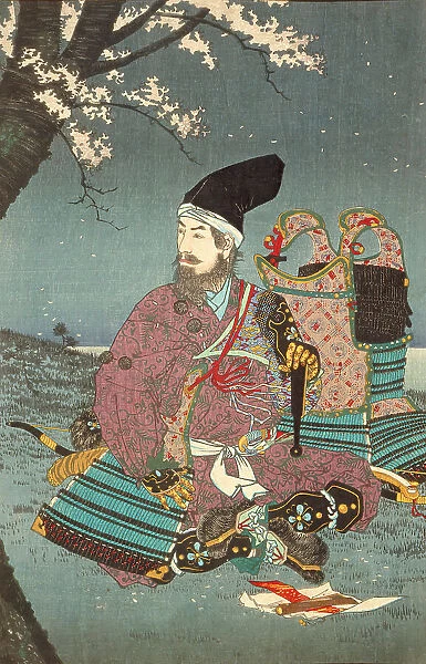 Warrior Taira-no-Tadanori about to Sleep under a Cherry Tree (image 2 of 3), 1884. Creator: Kobayashi Kiyochika