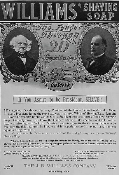 Williams shaving soap: The leader through 20 administrations, 1901. Creator: Unknown