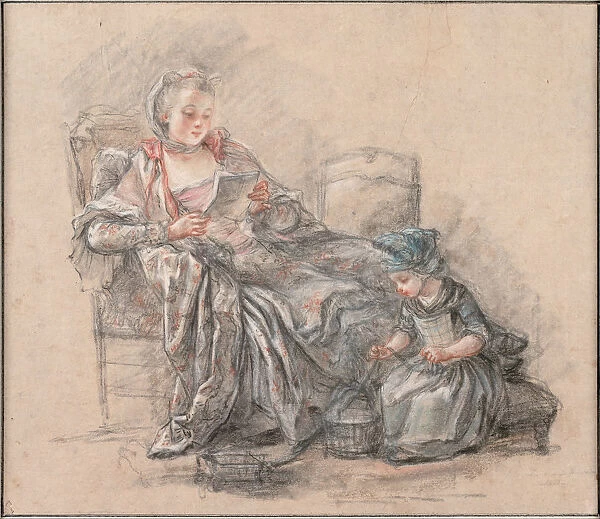 Woman Reading and a Girl Playing (Marquise de Pompadour with her daughter Alexandrine), ca 1748. Artist: Guerin, Francois (1751-1791)