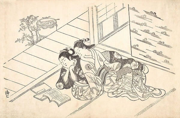 Two Women Reclining on the Floor of a Room and Reading a Book, ca. 1730. ca. 1730
