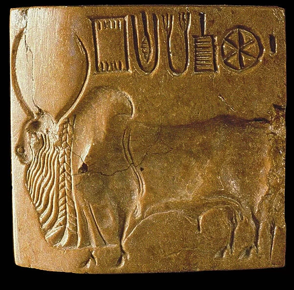 Zebu Bull Seal with Indus Script Found at Mohenjo Daro, Indus Valley, 3rd millenium BC
