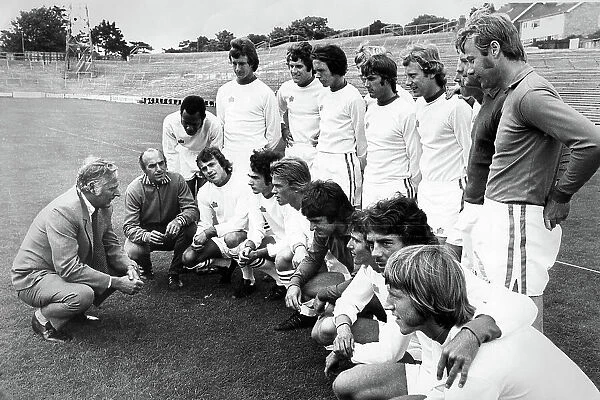 Peter Taylor talks to the Brighton & Hove Albion team on the Goldstone Ground pitch 1974