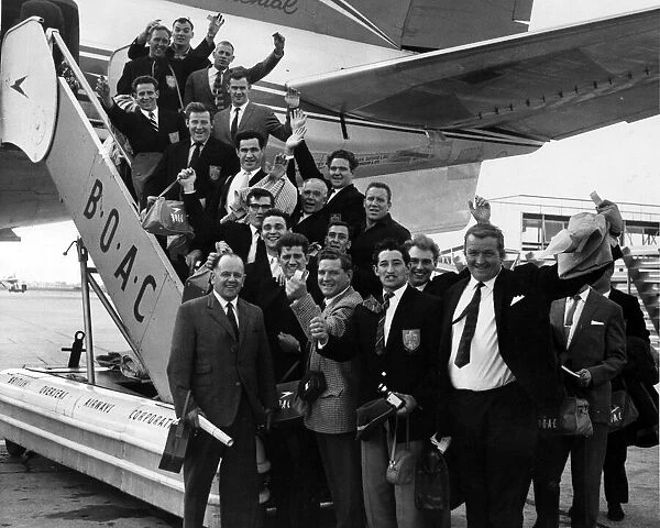 Wakefield Trinity Rugby League club wave goodbye at London Airport before flying to South Africa 1962