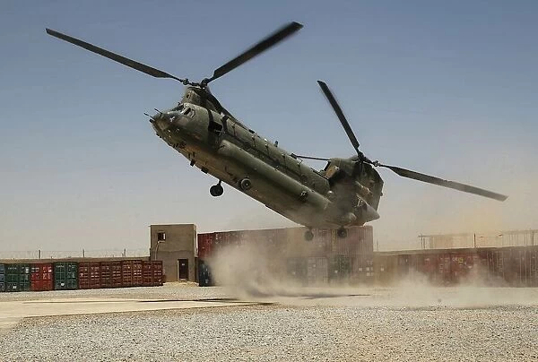 An RAF Chinook helicopter making the tricky approach to the Helicopter Landing Site