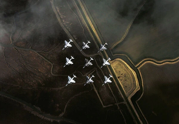 RAF Harrier Aircraft in Diamond Nine Formation