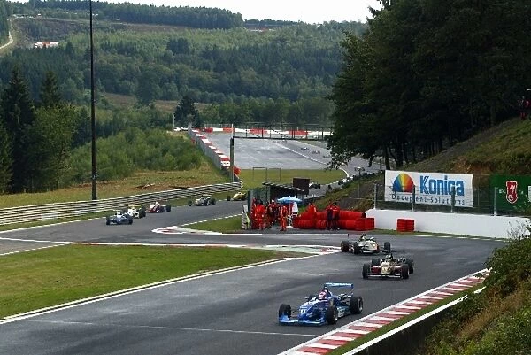 British Formula 3 Championship: Nelson Piquet, Piquet Sports, leads the field through the bus stop chicane