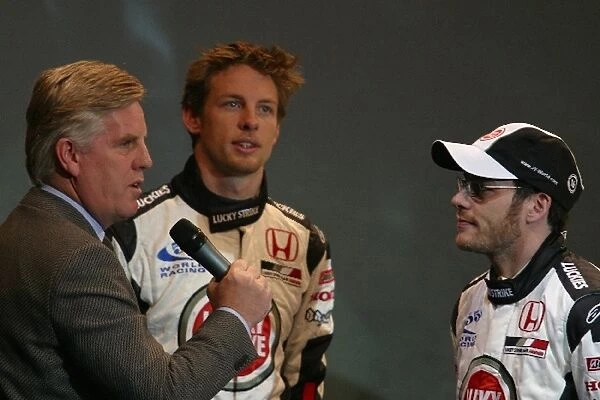 Formula One Launch: BBC TV Sport Host Steve Rider interviews Jenson Button BAR and Jenson Button BAR at the launch of the new BAR 005