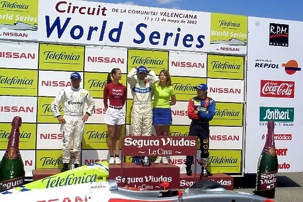 Formula Nissan World Series: Left to right: Ander Vilarino 2nd place, race winner Franck Montagny and 3rd placed Ricardo Zonta