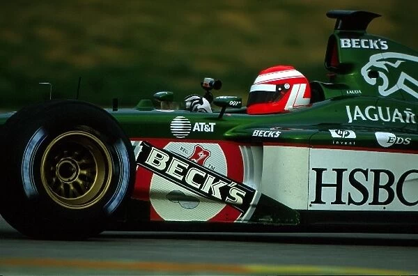 Formula One Testing: Three time Formula One World Champion and Jaguar team principal Niki Lauda tests the Jaguar Cosworth R2