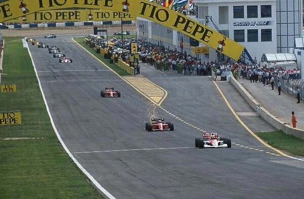 Formula One World Championship: Ayrton Senna leads the eventual race winner Alain Prost