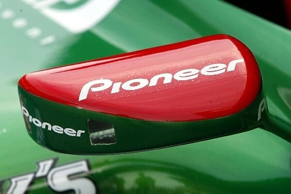 Formula One World Championship: Jaguar Cosworth R4 rear view mirror with sponsorship from Pioneer