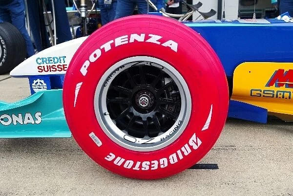Formula One World Championship: The Sauber Petronas C23 sports a red Bridgestone tyre in aid of the charity Sport Relief